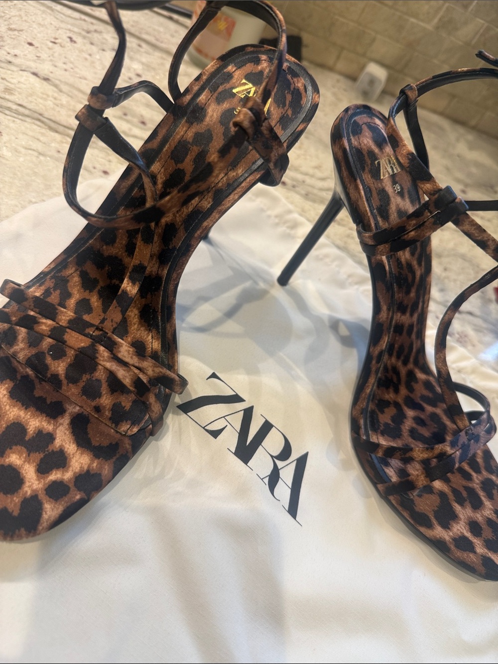 Zara Leopard Print Strappy Stiletto Heels - Black & Brown